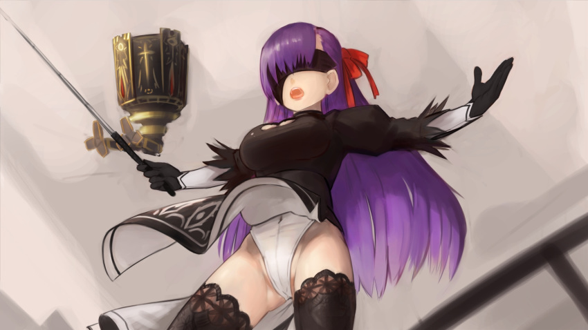 bb_(fate)_(all) bb_(fate/extra_ccc) black_gloves black_legwear blindfold breasts charles_babbage_(fate/grand_order) cosplay covered_navel fate/grand_order fate_(series) gloves hair_ornament hair_ribbon highres juliet_sleeves large_breasts leotard long_hair long_sleeves nier_(series) nier_automata open_mouth outstretched_arms paintrfiend pod_(nier_automata) puffy_sleeves purple_hair red_ribbon ribbon solo spread_arms thighhighs third-party_source white_leotard yorha_no._2_type_b yorha_no._2_type_b_(cosplay)