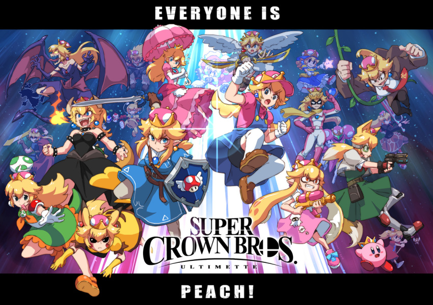 adapted_costume angel_wings annotated blonde_hair blooper bodysuit bowsette breathing_fire captain_falcon character_name claws commentary crown donkey_kong donkey_kong_(series) doubutsu_no_mori dress everyone f-zero fire fire_emblem fox_mccloud game_&amp;_watch ganondorf genderswap glowing glowing_eyes goomba helmet ice_climber ice_climbers ike inkling john_su kirby kirby_(series) kneehighs lens_flare link logo looking_at_viewer mario mario_(series) master_sword metroid mini_crown monado monster_girl mother_(game) mother_2 mr._game_&amp;_watch multiple_girls nana_(ice_climber) necktie ness new_super_mario_bros._u_deluxe olimar paragoomba parody pikachu pikmin_(creature) pikmin_(series) pit_(kid_icarus) plant pokemon princess_peach ragnell revision ridley salute samus_aran scarf shield shorts_under_dress shulk splatoon_(series) splattershot_(splatoon) star_fox strap super_crown super_mario_bros. super_mushroom super_smash_bros. super_smash_bros._ultimate sword tentacle_hair the_legend_of_zelda thighhighs toad tongue tongue_out umbrella varia_suit villager_(doubutsu_no_mori) vines weapon wings xenoblade_(series) xenoblade_1 yoshi