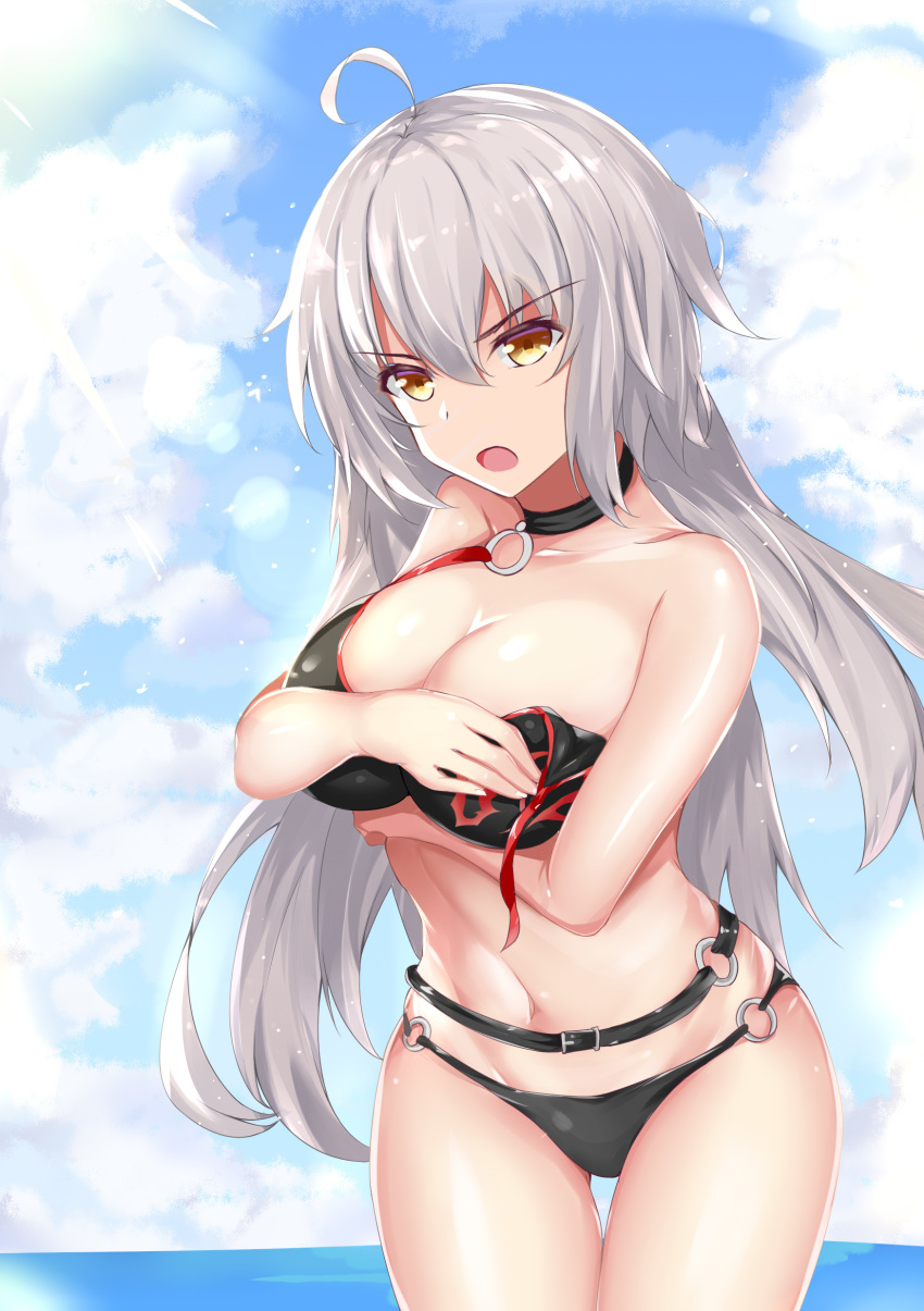 :o absurdres ahoge arm_under_breasts belt bikini black_bikini black_choker breast_hold breasts choker chun-ge cloud cowboy_shot day eyebrows_visible_through_hair fate/grand_order fate_(series) frown hair_between_eyes halter_top halterneck highres jeanne_d'arc_(alter_swimsuit_berserker) jeanne_d'arc_(fate)_(all) large_breasts light_rays long_hair looking_at_viewer navel o-ring o-ring_bikini o-ring_bottom o-ring_top ocean open_mouth outdoors silver_hair sky solo swimsuit thigh_gap v-shaped_eyebrows very_long_hair wardrobe_malfunction yellow_eyes