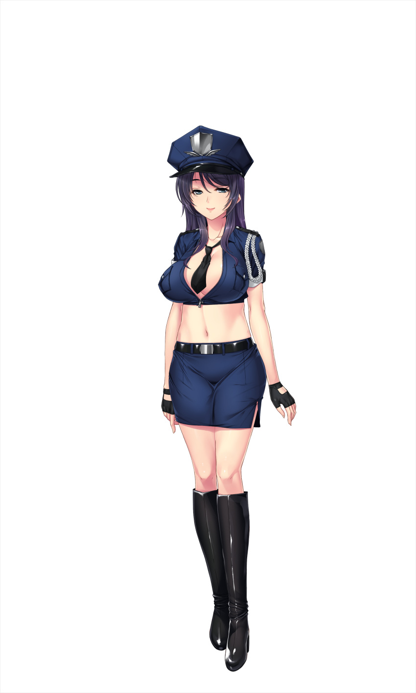 1girl black_boots blue_clothes blue_eyes blue_skirt blush boots breasts cleavage closed_mouth cosplay feet full_body hat highres hitotsumami:_relaxation_series large_breasts legs long_hair looking_at_viewer midriff navel necktie original pencil_skirt police police_uniform purple_hair simple_background skirt smile solo thighs transparent_background uniform yatsuha_kanan