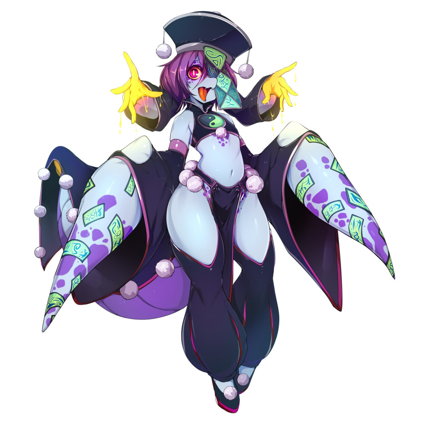 big_tail clothing cteno fangs female flat_chested hair humanoid jiangshi legwear midriff monster monster_girl_(genre) multi_arm multi_limb navel purple_hair red_eyes simple_background slime slit_pupils slugbox solo spell_tag thick_tail thigh_highs white_background wide_hips yellow_sclera yin_yang