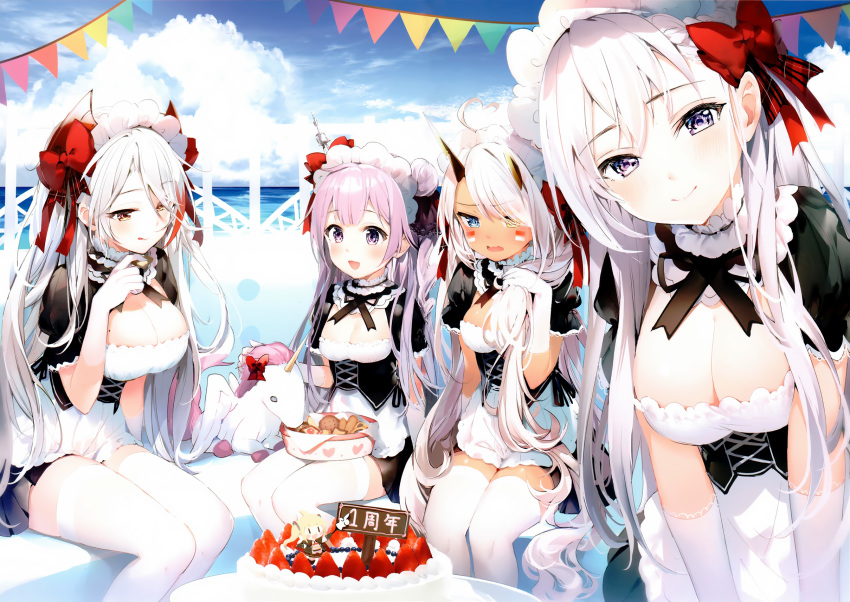 :q amazon_(azur_lane) apron azur_lane belfast_(azur_lane) blue_eyes blue_sky blush bow breasts cleavage cloud cloudy_sky cropped dark_skin day embarrassed eyebrows_visible_through_hair facial_mark framed_breasts gloves hair_bow hair_over_shoulder head_tilt heterochromia highres horizon horns indianapolis_(azur_lane) large_breasts long_hair looking_at_viewer maid_headdress multicolored_hair multiple_girls official_art outdoors prinz_eugen_(azur_lane) purple_eyes purple_hair red_hair scan side_bun sidelocks sitting sky streaked_hair stuffed_unicorn thighhighs tongue tongue_out umibouzu_(niito) unicorn_(azur_lane) waist_apron wavy_mouth white_gloves white_hair white_legwear yellow_eyes