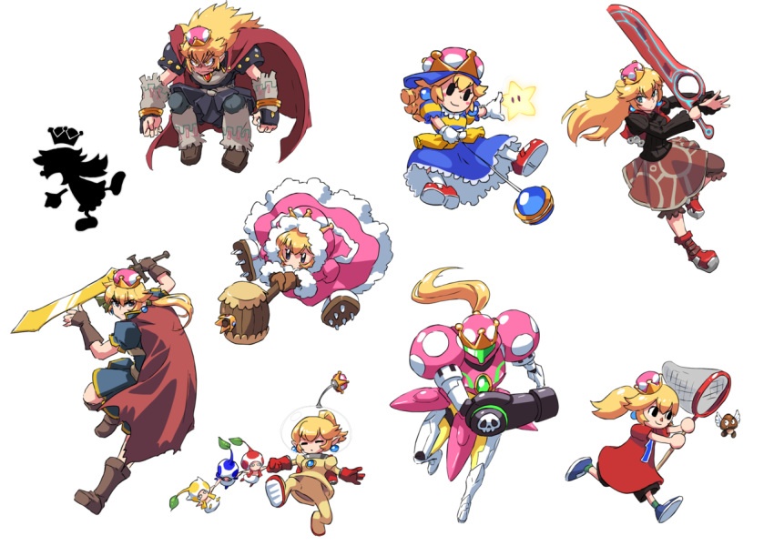 =_= adapted_costume arm_cannon baseball_cap blonde_hair blue_eyes boots butterfly_net cape doubutsu_no_mori dress fire_emblem full_body fur_trim game_&amp;_watch ganondorf genderswap gloves goomba hand_net hat ice_climber ike john_su looking_at_viewer mario_(series) metroid monado mother_(game) mother_2 mr._game_&amp;_watch multiple_girls nana_(ice_climber) ness new_super_mario_bros._u_deluxe olimar paragoomba pikmin_(creature) pikmin_(series) ponytail pose princess_peach ragnell red_gloves running samus_aran serious shulk smile space_craft space_helmet super_crown sword the_legend_of_zelda toad transparent_background varia_suit villager_(doubutsu_no_mori) weapon white_gloves xenoblade_(series) xenoblade_1 yo-yo
