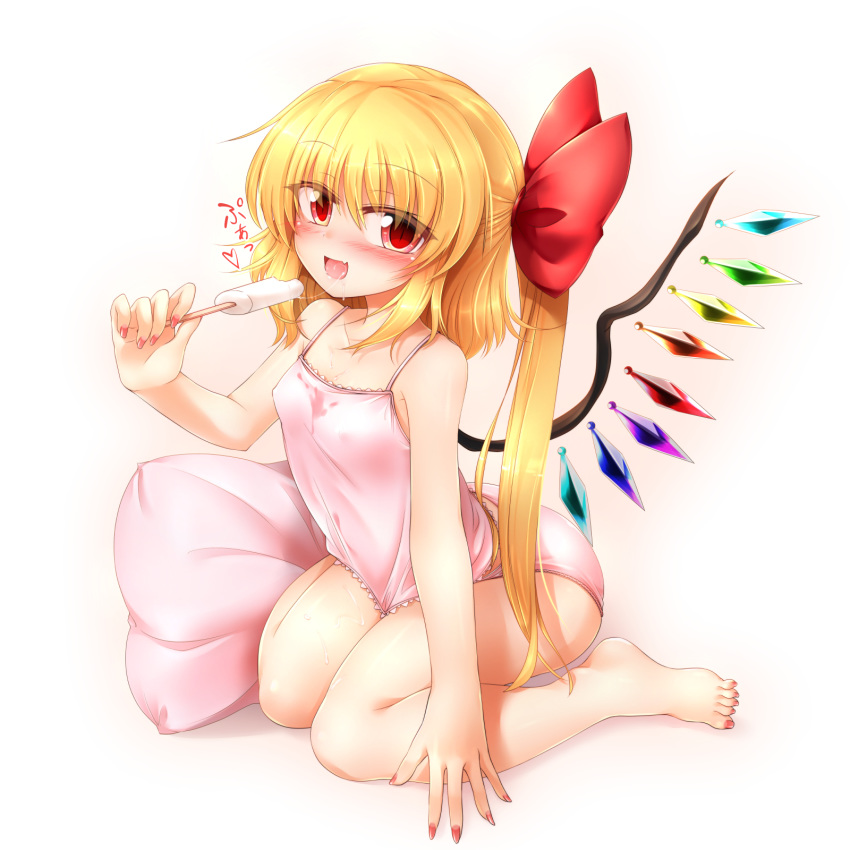 :d blonde_hair blush camisole clothed clothing colored_nails crystals drooling fangs female flandre_scarlet flat_chested food hair hair_ribbon holding_object humanoid long_hair m9kndi nipple_bulge not_furry open_mouth panties pillow pink_nails ponytail popsicle red_eyes ribbons saliva sitting slit_pupils solo touhou underwear unusual_wings vampire wet_clothes wings