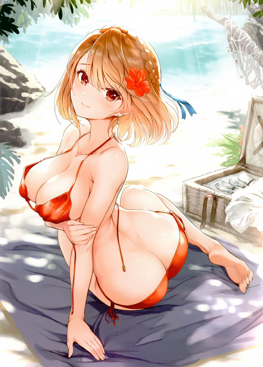 arm_support ass azur_lane backlighting barefoot beach bikini blonde_hair blush braid breast_hold breasts butt_crack cleavage closed_mouth cropped crown_braid day dimples_of_venus earrings flower french_braid from_behind full_body hair_flower hair_ornament halterneck hibiscus highres jewelry large_breasts light_brown_hair looking_at_viewer nylon official_art outdoors prince_of_wales_(azur_lane) red_bikini red_eyes scan short_hair side-tie_bikini side_braid sitting smile solo swimsuit twisted_torso untied untied_bikini