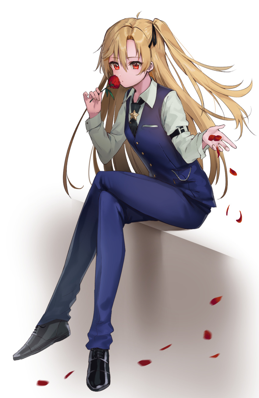 azur_lane bangs black_footwear black_neckwear blonde_hair blue_pants blue_vest cleveland_(azur_lane) closed_mouth collared_shirt commentary_request crossed_legs eyebrows_visible_through_hair fingernails flower full_body hair_between_eyes highres holding holding_flower kiyosato0928 long_hair long_sleeves looking_at_viewer one_side_up pants petals red_eyes red_flower red_rose rose rose_petals shirt shoes sitting solo striped striped_neckwear vertical-striped_neckwear vertical_stripes very_long_hair vest white_background white_shirt