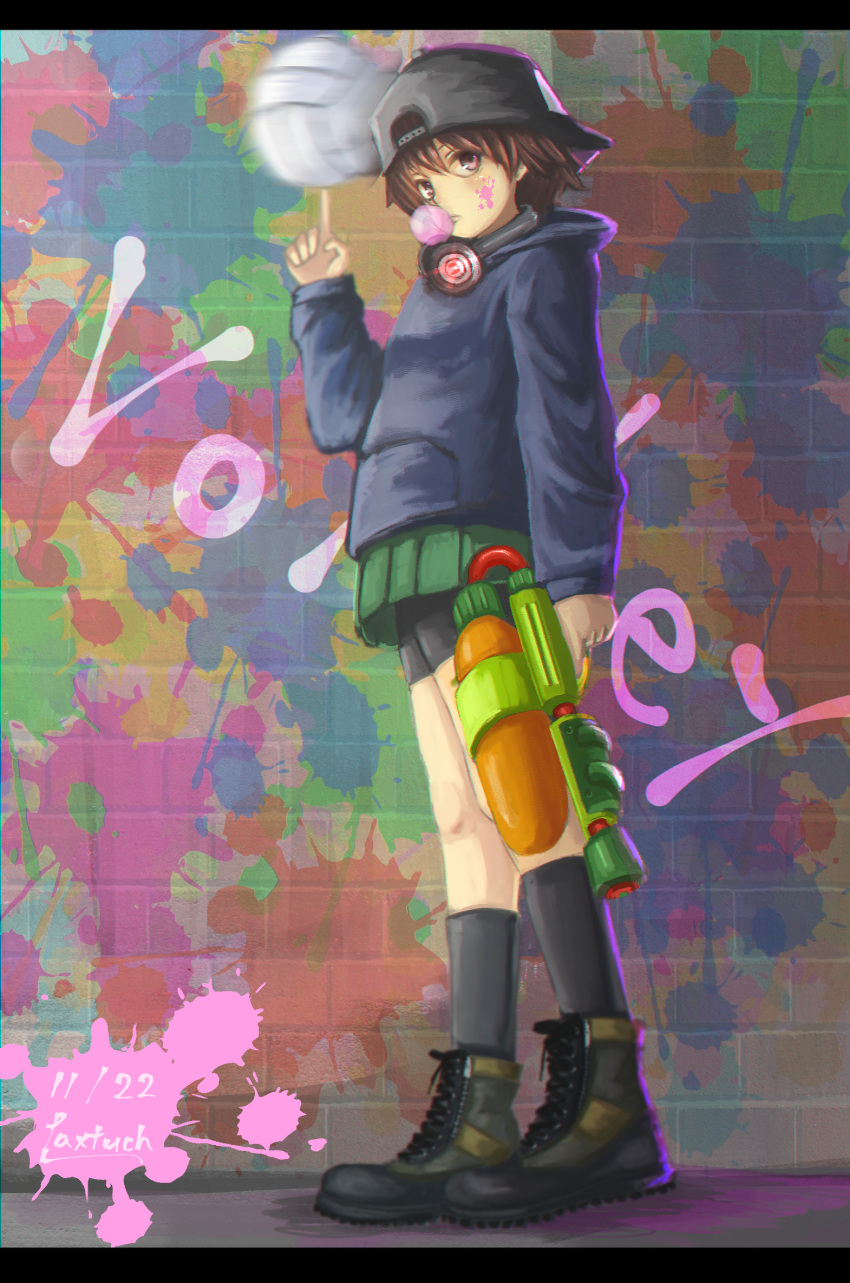ankle_boots artist_name backwards_hat bangs bike_shorts black_footwear black_hat black_legwear black_shorts boots brown_eyes brown_hair bubble_blowing check_commentary chewing_gum commentary_request cross-laced_footwear dated full_body girls_und_panzer graffiti green_skirt hat headphones headphones_around_neck highres holding holding_weapon hood hood_down hoodie isobe_noriko letterboxed long_sleeves looking_at_viewer miniskirt motion_blur paint_on_face pleated_skirt shorts shorts_under_skirt sitting skirt socks solo splatoon_(series) splatoon_1 splattershot_(splatoon) tacch volleyball weapon