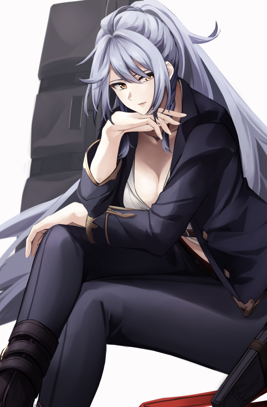 absurdres ahoge black_jacket black_pants breasts chin_rest cleavage commentary_request cowboy_shot crop_top crossed_legs granblue_fantasy highres jacket large_breasts leaning_forward long_hair looking_at_viewer pants parted_lips pink_lips ponytail shirokuro_(shirokuro-1999) shirt silva_(granblue_fantasy) silver_hair simple_background sitting stomach very_long_hair white_shirt yellow_eyes
