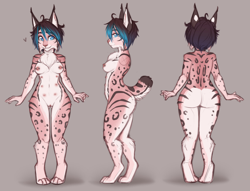 &lt;3 2018 4_toes 5_fingers 8_nipples anthro areola big_butt black_hair blue_eyes blue_hair breasts brown_fur butt catnamedfish cheek_tuft digital_media_(artwork) digitigrade feline female fish_(catnamedfish) fur hair lynx mammal model_sheet multi_nipple multicolored_fur multicolored_hair nipple_piercing nipples piercing pussy short_hair short_tail small_breasts solo spots spotted_fur striped_fur stripes toes tuft two_tone_hair wide_hips