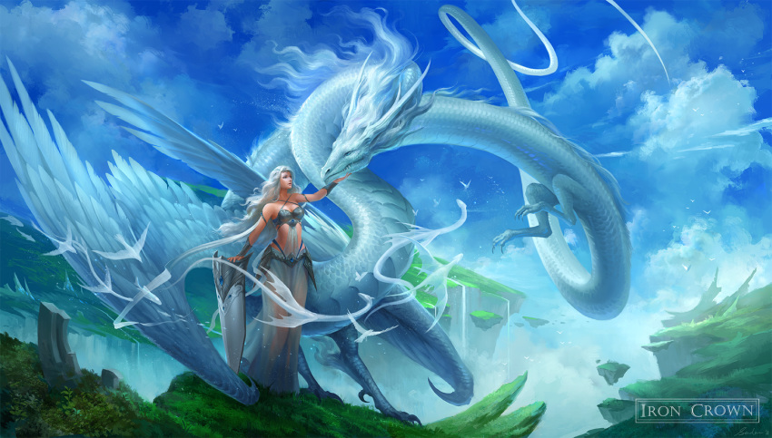2018 ambiguous_gender breasts day detailed_background digital_media_(artwork) dragon eastern_dragon feathered_dragon feathered_wings feathers female feral hair human long_tail mammal outside sandara scales sky white_hair white_scales wings