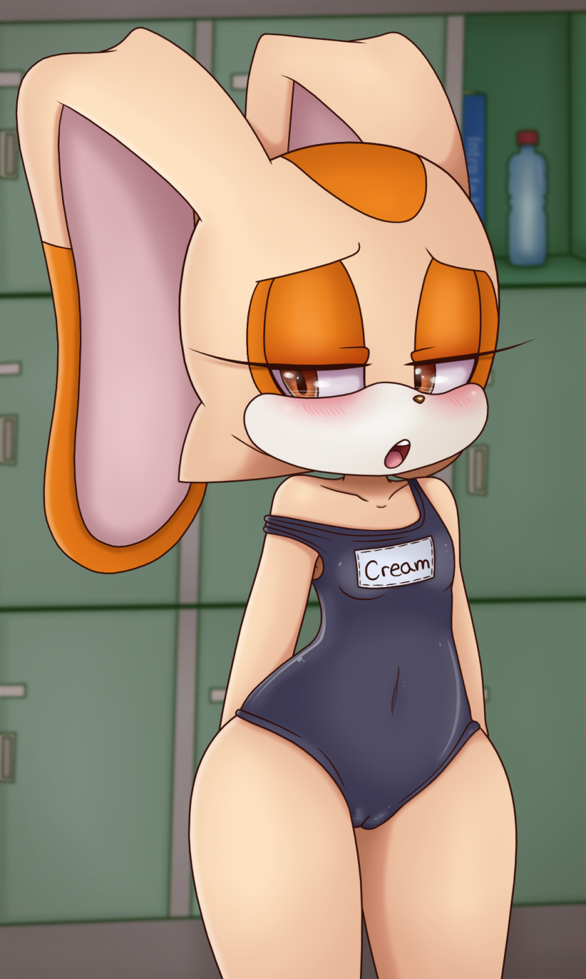 2018 anthro black_nose blush book breasts camel_toe clothing colored cream_the_rabbit cub detailed_background digital_media_(artwork) dipstick_ears female fur hair half-closed_eyes hearlesssoul hi_res inside lagomorph locker locker_room mammal multicolored_fur navel off_shoulder one-piece_swimsuit open_mouth orange_fur rabbit school_swimsuit solo sonic_(series) standing swimsuit tan_fur teeth tongue video_games voluptuous water_bottle wide_hips young