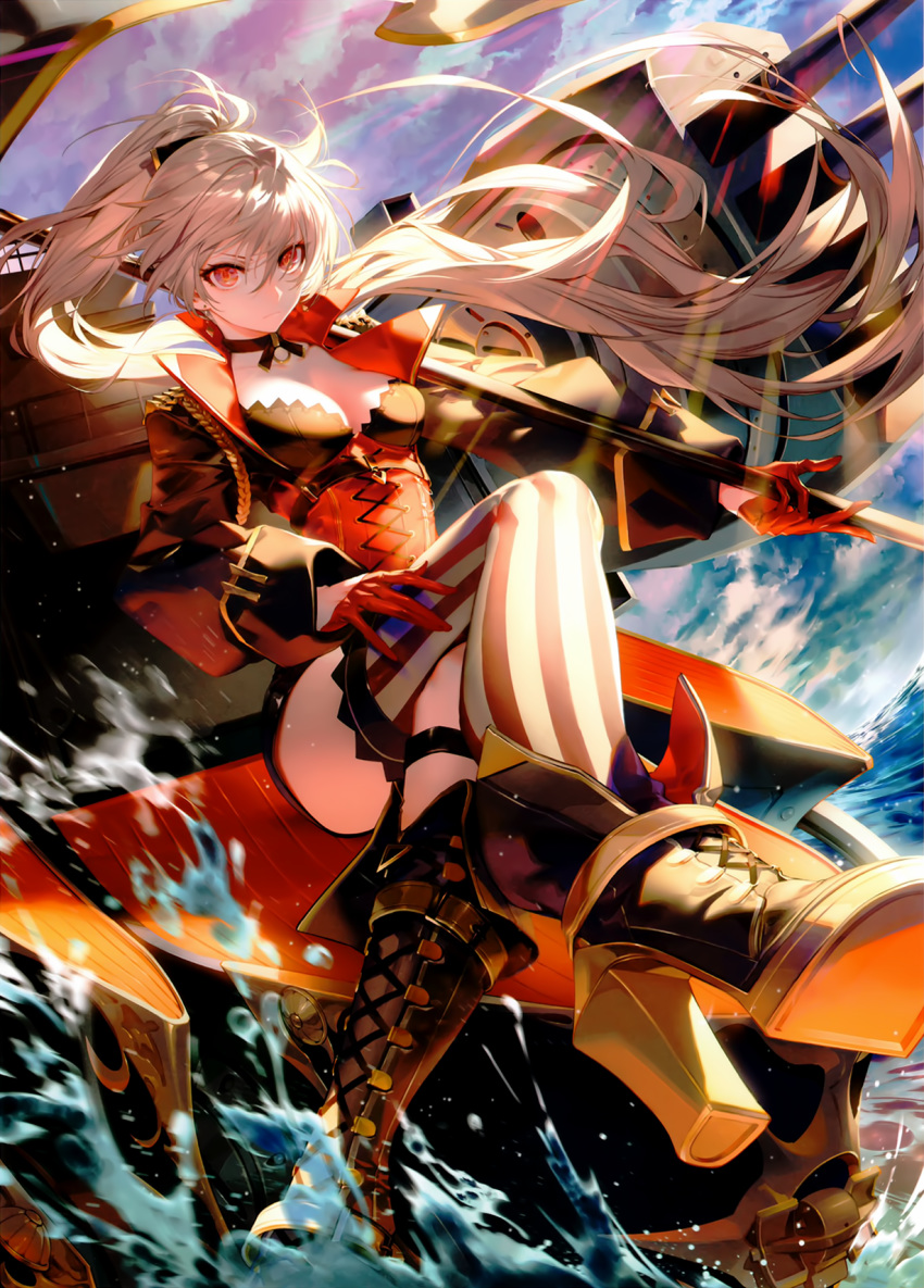 azur_lane backlighting blurry blurry_foreground boots breasts choker cleavage cropped cropped_jacket cross-laced_footwear crossed_legs depth_of_field earrings fisheye foreshortening gloves hair_between_eyes half_gloves high_heel_boots high_heels high_ponytail highres jean_bart_(azur_lane) jewelry kodama_(wa-ka-me) long_hair long_sleeves medium_breasts mismatched_footwear official_art outdoors polearm red_eyes red_gloves rigging scan single_thighhigh sitting solo striped striped_legwear thighhighs vertical-striped_legwear vertical_stripes very_long_hair weapon