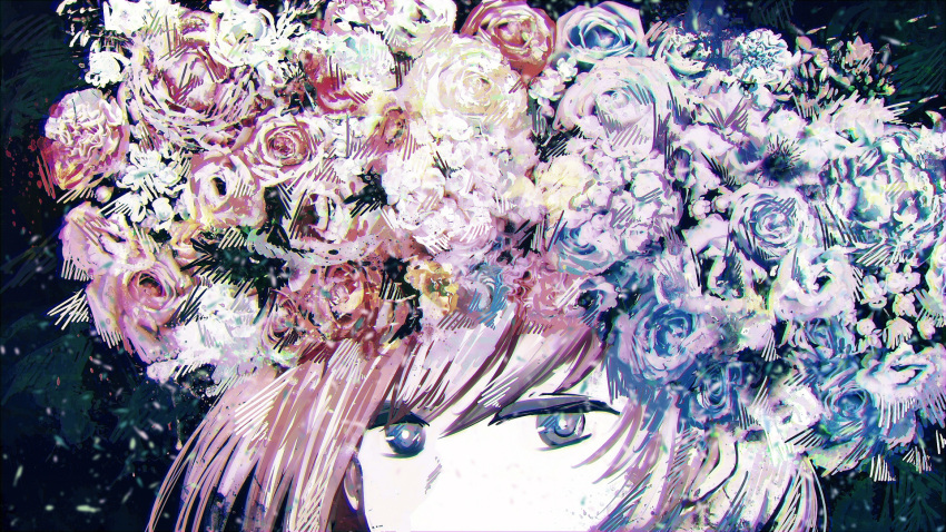 abstract bangs blue_eyes blue_flower blue_rose bouquet close-up face flower flower_wreath hair_between_eyes hair_ornament highres looking_at_viewer megurine_luka meola multicolored multicolored_eyes muted_color out_of_frame pink_flower pink_hair pink_rose red_flower red_rose rose solo vocaloid white_flower white_rose wreath yellow_flower yellow_rose