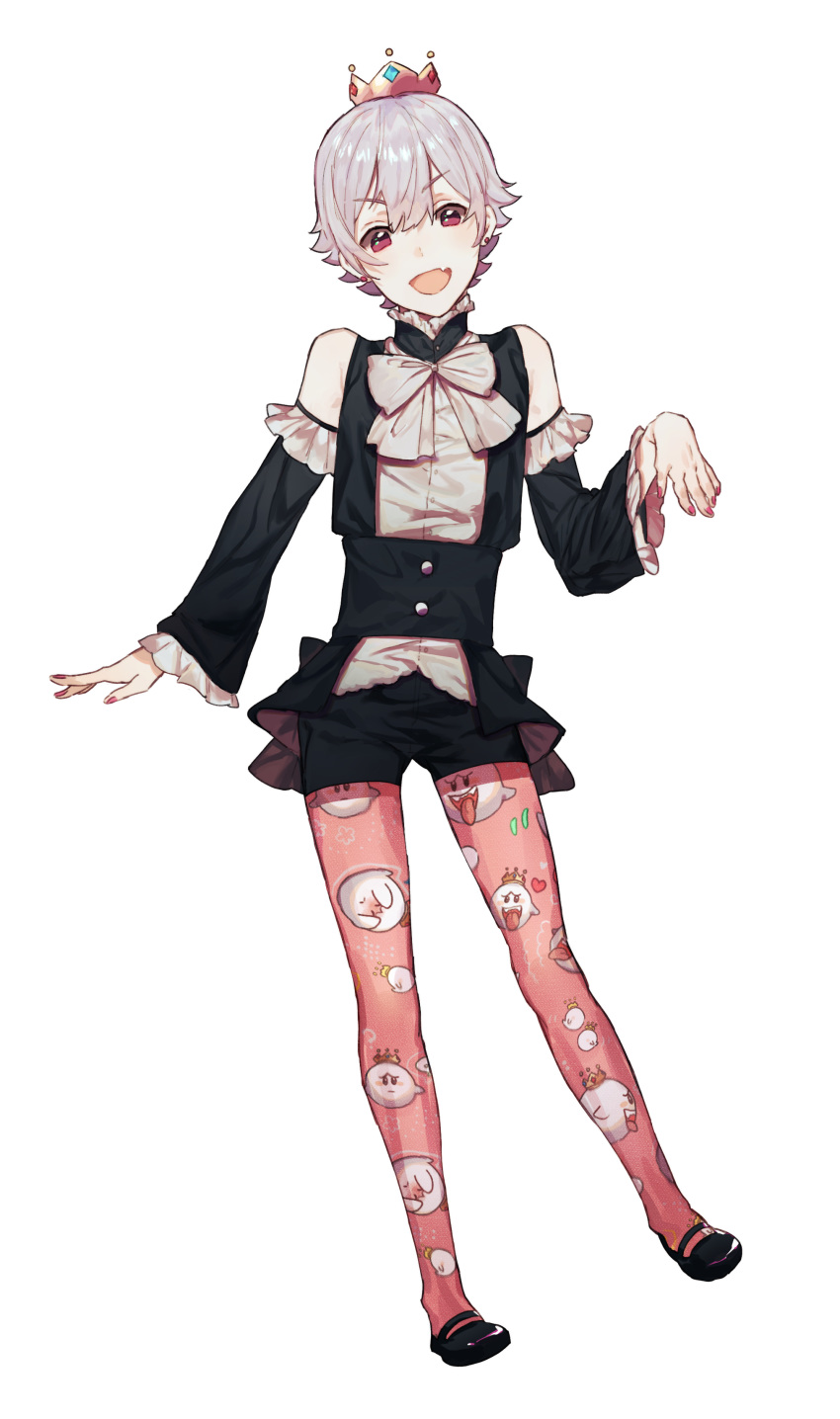 :d absurdres arm_at_side arm_up bangs black_footwear black_shorts black_sleeves bow bowtie crown detached_sleeves earrings eyebrows_visible_through_hair fang frilled_sleeves frills full_body genderswap genderswap_(ftm) grey_bow grey_frills grey_shirt hair_between_eyes highres jewelry king_boo_print looking_at_viewer luigi's_mansion mario_(series) mary_janes nail_polish new_super_mario_bros._u_deluxe open_mouth pantyhose pantyhose_under_shorts pink_eyes pink_legwear pink_nails princess_king_boo print_legwear shirt shoes shorts simple_background smile solo standing super_crown tuze111 white_background