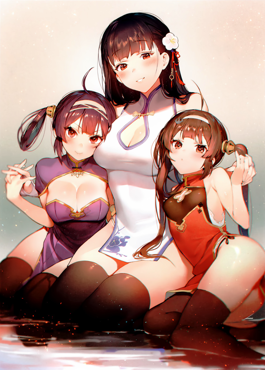 ahoge azur_lane black_hair black_legwear blurry blush breasts brown_hair china_dress chinese_clothes chromatic_aberration_abuse cleavage_cutout cropped depth_of_field dress eyebrows_visible_through_hair flower hair_flower hair_ornament hair_rings hairband head_tilt height_difference highres holding_hands interlocked_fingers jagayamatarawo large_breasts long_hair looking_at_viewer multiple_girls ning_hai_(azur_lane) official_art parted_lips partially_submerged pelvic_curtain ping_hai_(azur_lane) purple_dress purple_hair red_dress red_eyes scan seiza short_dress side_slit sitting small_breasts smile string_panties thighhighs twintails white_dress yat_sen_(azur_lane) yokozuwari