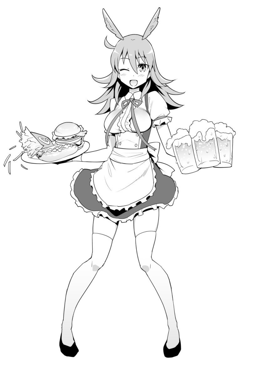 apron bow breasts drink fate/grand_order fate_(series) food frilled_skirt frills greyscale head_wings highres hildr_(fate/grand_order) kneehighs maid_apron medium_hair monochrome ono_misao open_mouth puffy_short_sleeves puffy_sleeves ribbon short_sleeves skirt solo thighhighs tray valkyrie_(fate/grand_order) waist_apron waitress wrist_cuffs zettai_ryouiki
