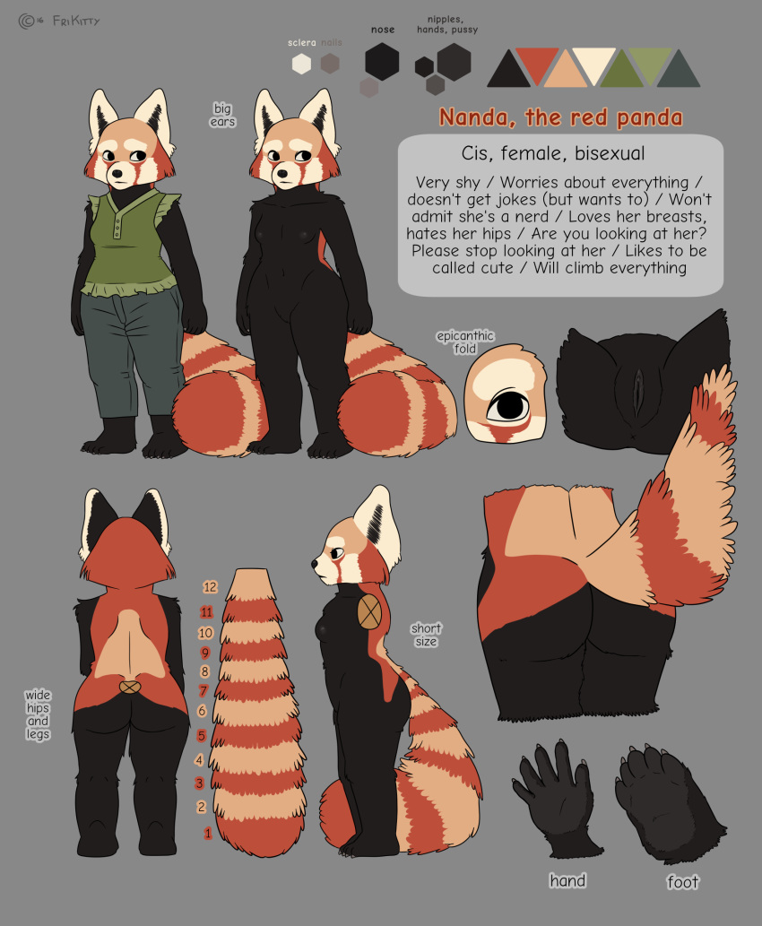 anthro big_ears big_eyebrows big_tail breasts butt clothing digital_media_(artwork) female frikitty mammal model_sheet nanda nipples red_panda small_breasts solo standing text wide_hips