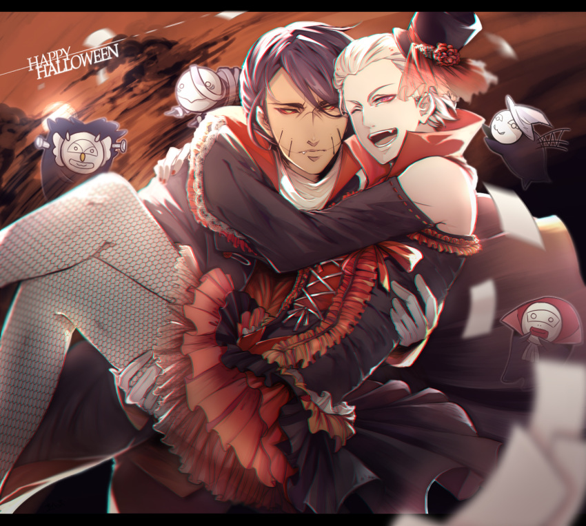 carrying chinro chromatic_aberration crossdressing dark_skin dress fang fishnet_pantyhose fishnets halloween happy_halloween hat hidan highres kakuzu looking_at_viewer male_focus mini_hat mini_top_hat multiple_boys naruto_(series) naruto_shippuuden one_eye_closed pantyhose princess_carry red_eyes smile top_hat yaoi