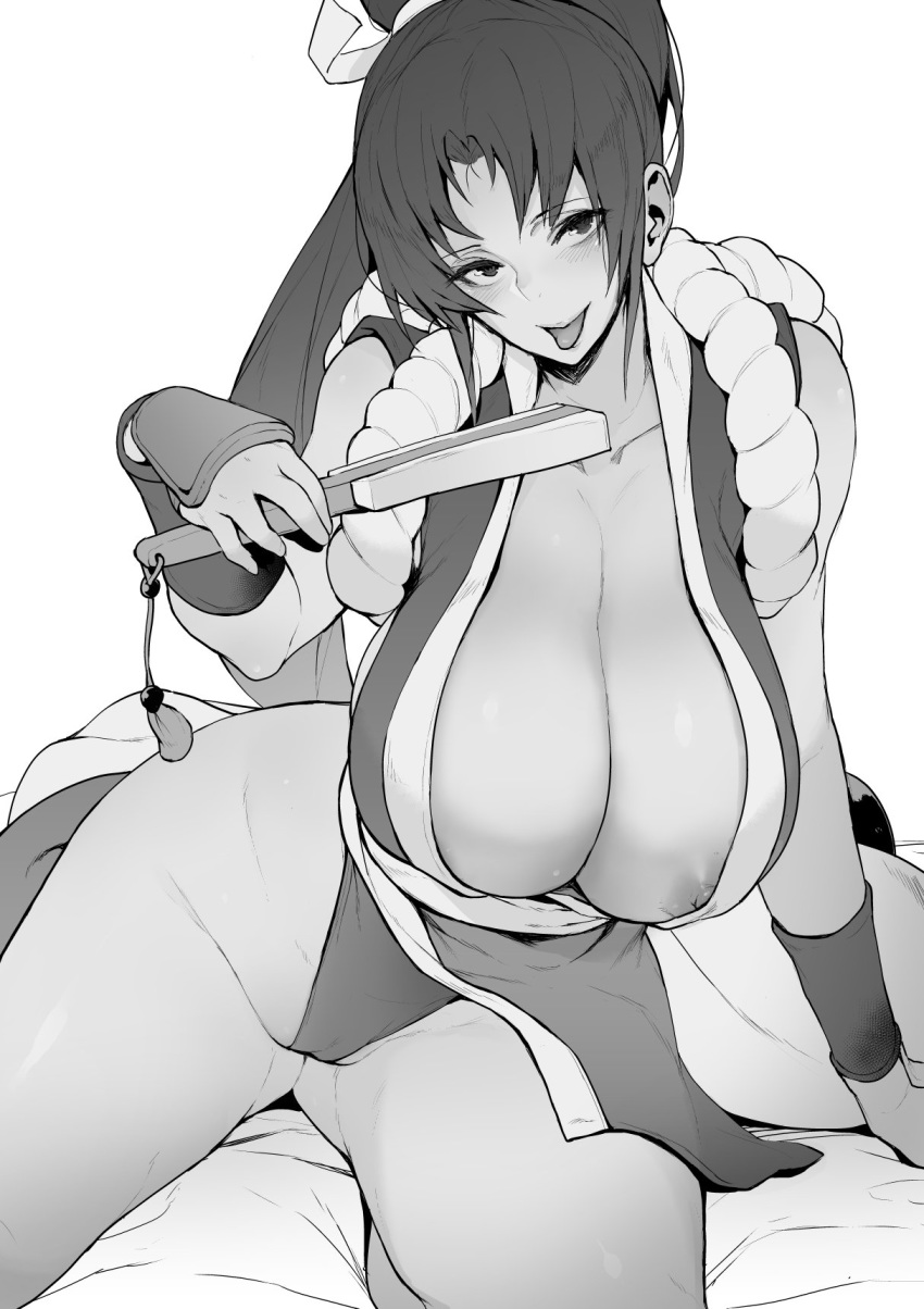 areolae arm_guards bangs blush breasts cleavage closed_fan collarbone commentary english_commentary eyebrows_visible_through_hair fan fatal_fury folding_fan greyscale high_ponytail highres holding holding_fan huge_breasts japanese_clothes looking_at_viewer messatsu_tan monochrome ninja nipple_slip nipples open_mouth pelvic_curtain ponytail revealing_clothes rope seiza shiranui_mai sideboob sitting the_king_of_fighters thighs thong tongue tongue_out