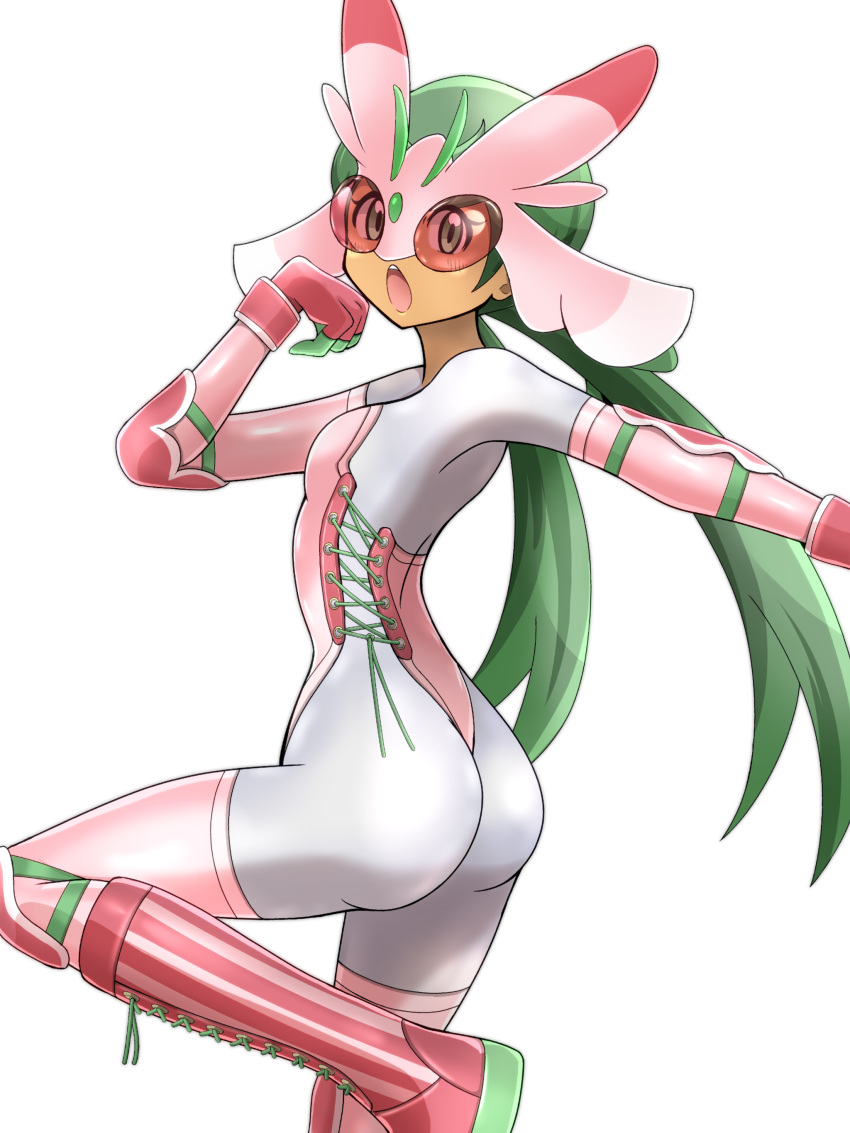 absurdres ass big_hair blush bodysuit boots chestnut_mouth colored_lenses commentary_request corset cosplay cross-laced_footwear dark_skin gen_7_pokemon green_eyes green_hair highres knee_boots lace-up_boots leg_up long_hair lurantis lurantis_(cosplay) mao_(pokemon) open_mouth pink-tinted_eyewear pink_corset pink_footwear pink_legwear pokemon pokemon_(game) pokemon_sm shoukin500 solo tinted_eyewear very_long_hair white_bodysuit wrestling_outfit