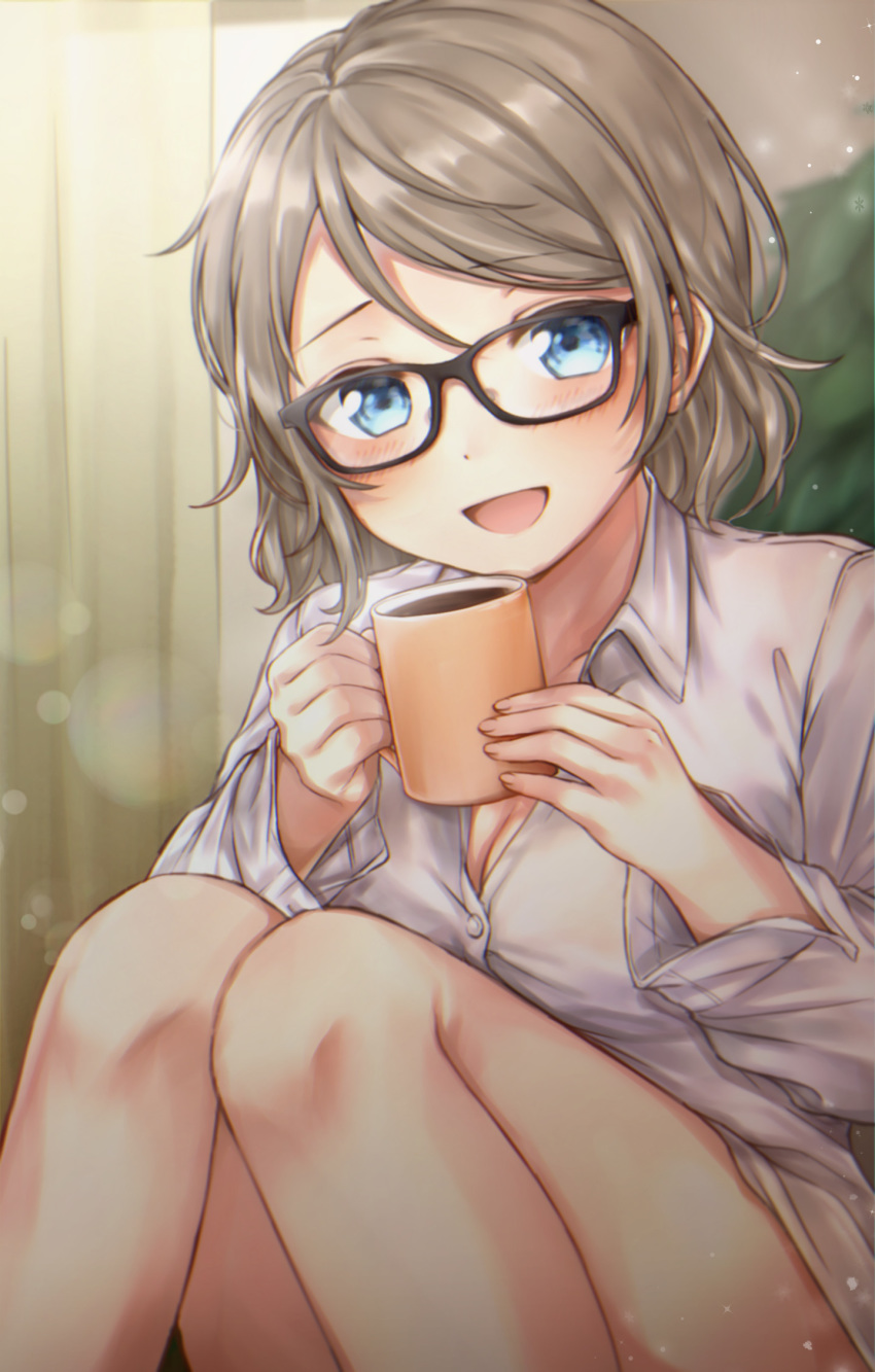 :d bangs bare_legs bespectacled black-framed_eyewear blue_eyes breasts brown_hair cleavage coffee coffee_mug collared_shirt commentary_request cup curtains dress_shirt eyebrows_visible_through_hair feet_out_of_frame glasses grey_shirt highres holding holding_cup indoors knees_together_feet_apart knees_up long_sleeves looking_at_viewer love_live! love_live!_sunshine!! medium_breasts medium_hair mkzk_nagi mug no_pants open_mouth shirt sitting smile solo sparkle swept_bangs watanabe_you wing_collar