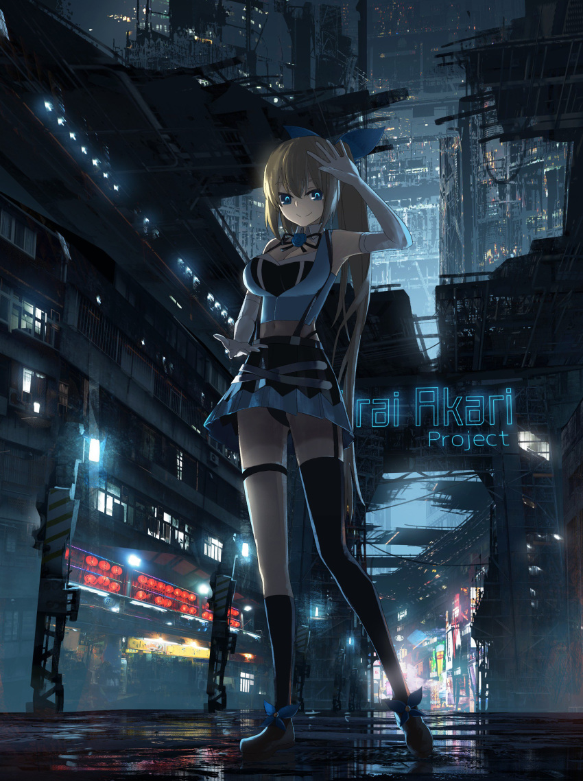 absurdres asuteroid asymmetrical_legwear blonde_hair blue_eyes breasts building cleavage commentary_request cyberpunk elbow_gloves eyebrows_visible_through_hair gloves hair_ribbon highres large_breasts long_hair looking_at_viewer mirai_akari mirai_akari_project neon_lights ribbon scenery side_ponytail skirt smile solo thighhighs upskirt virtual_youtuber white_gloves