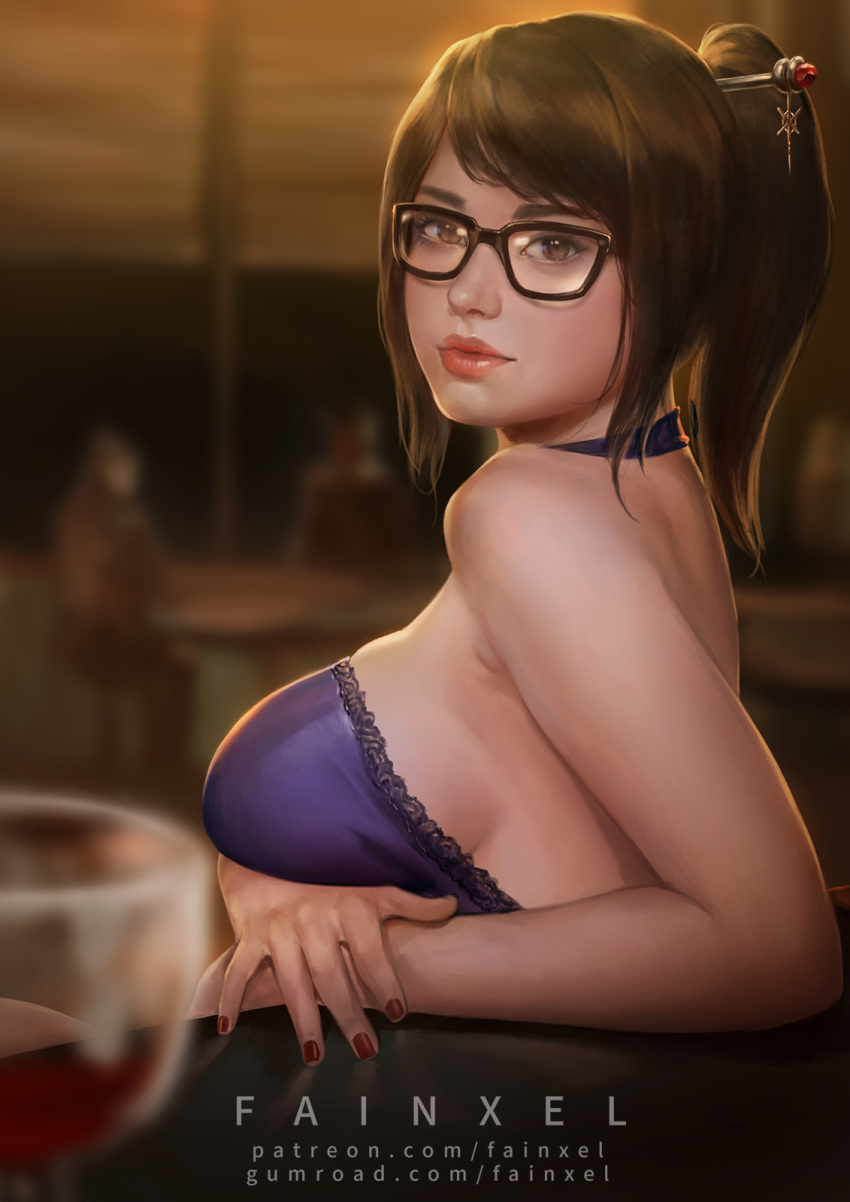 alcohol artist_name backlighting bare_shoulders black-framed_eyewear blurry breast_hold breasts brown_eyes brown_hair cup depth_of_field dress drinking_glass fainxel fingernails formal from_side glasses hair_ornament hair_stick highres indoors lace lace-trimmed_dress leaning_back lips looking_at_viewer medium_breasts mei_(overwatch) nail_polish nose overwatch purple_dress realistic red_lips red_nails reflection short_hair signature sleeveless sleeveless_dress solo watermark web_address wine wine_glass
