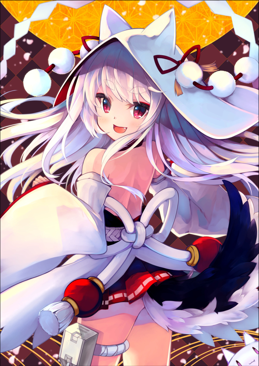 :d absurdres animal_ears argyle argyle_background ass azur_lane backless_outfit bangs bare_back bare_shoulders commentary_request detached_sleeves eyebrows_visible_through_hair fang highres hood hood_up long_hair long_sleeves looking_at_viewer looking_back open_mouth otogi_kyouka pleated_skirt red_eyes red_skirt ribbon-trimmed_skirt ribbon_trim silver_hair skirt sleeves_past_wrists smile solo tail tail_raised very_long_hair wide_sleeves wolf_ears wolf_girl wolf_tail yuudachi_(azur_lane)