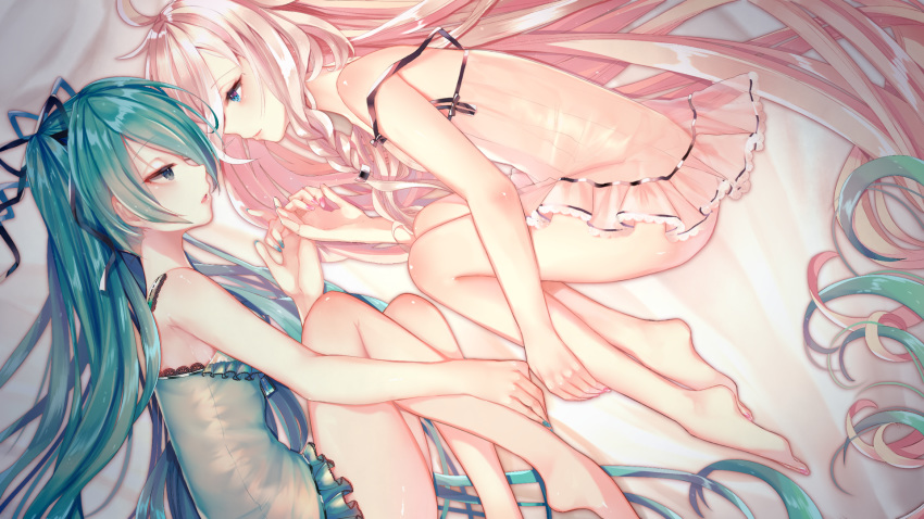 ahoge aqua_hair bare_arms bare_legs bare_shoulders bed_sheet black_ribbon blue_eyes blue_nails blue_ribbon blush braid breasts camisole commentary_request eye_contact fetal_position fingernails frills from_above guri1105 hair_ribbon half-closed_eyes hatsune_miku highres holding_hands ia_(vocaloid) lace long_fingernails long_hair looking_at_another lying multiple_girls nail_polish on_side open_mouth pink_hair pink_lips profile ribbon semi-rimless_eyewear side_braid sideboob single_braid smoke strap_slip twintails under-rim_eyewear very_long_hair vocaloid