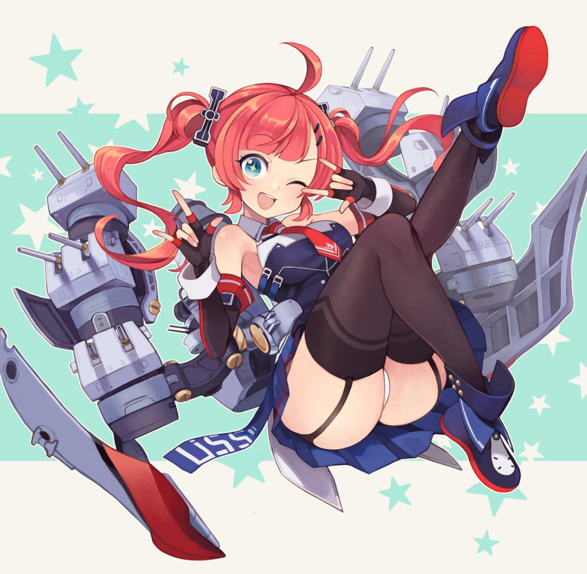 1girl ;d ahoge ass azur_lane bare_shoulders black_gloves blue_eyes blue_footwear blue_shirt blue_skirt blush boots breasts brown_legwear cannon collared_shirt commentary elbow_gloves fingerless_gloves garter_straps gloves hair_ornament hairclip head_tilt highres leg_up long_hair looking_at_viewer medium_breasts necktie one_eye_closed open_mouth panties pleated_skirt red_hair red_neckwear remodel_(azur_lane) round_teeth san_diego_(azur_lane) shirt short_necktie sidelocks skirt sleeveless sleeveless_shirt smile solo teeth thighhighs turret twintails underwear upper_teeth very_long_hair white_panties yuko_(uc_yuk)