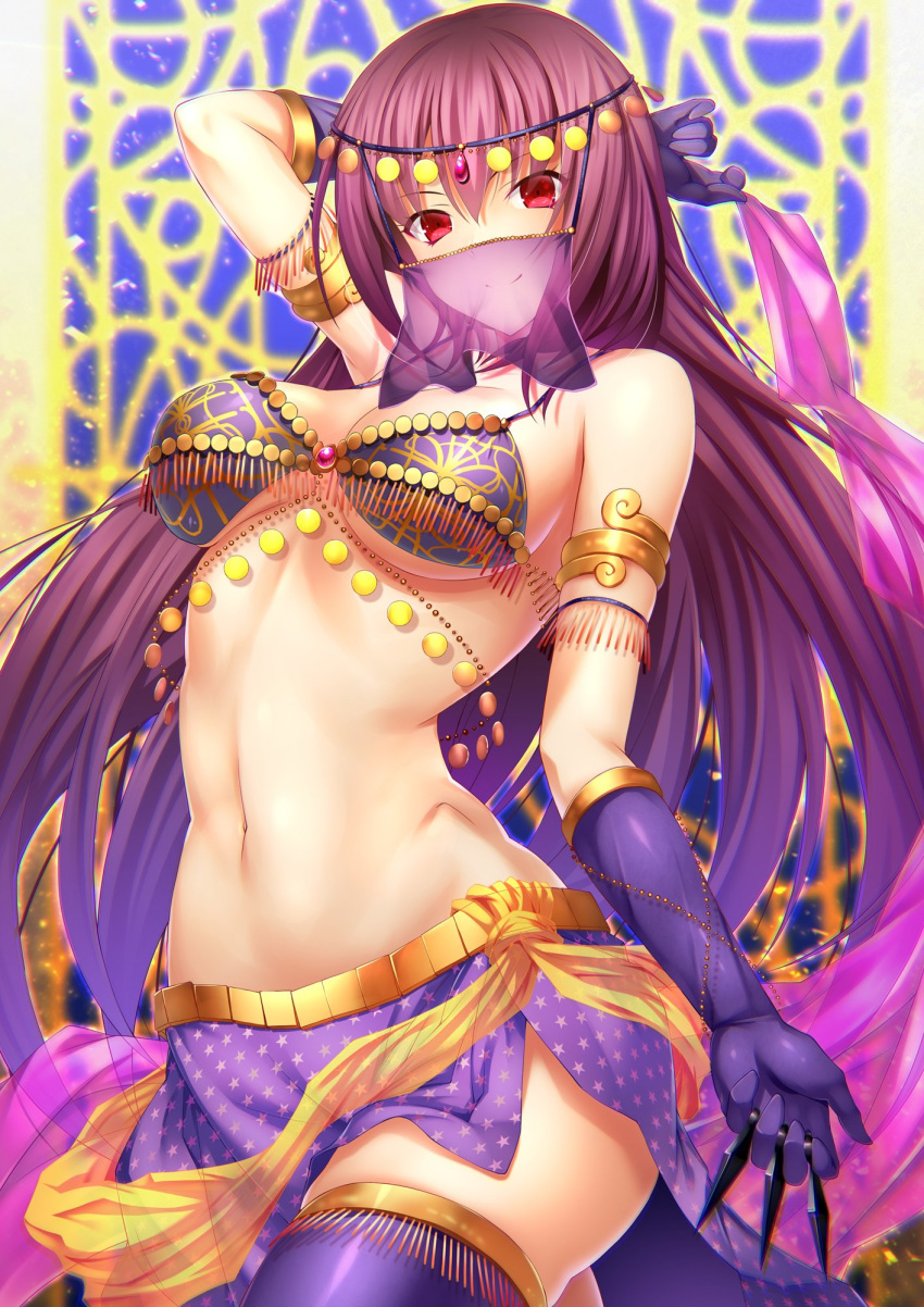 arm_behind_head arm_up armlet bangs bare_shoulders between_fingers blush breasts chain circlet cleavage closed_mouth collarbone commentary_request elbow_gloves emanon123 fate/grand_order fate_(series) forehead_jewel gloves gold_trim hair_between_eyes head_chain highres hips kunai large_breasts long_hair looking_at_viewer navel purple_gloves purple_hair purple_legwear purple_skirt red_eyes sash scathach_(fate)_(all) scathach_(fate/grand_order) skirt smile solo star star_print thighhighs thighs veil weapon