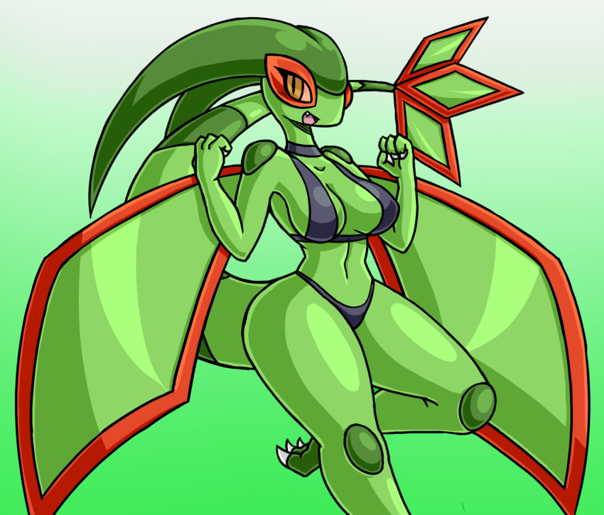 4_fingers anthro big_breasts breasts claws cleavage clothed clothing digital_media_(artwork) dragon female flygon hi_res looking_at_viewer nintendo open_mouth pok&eacute;mon pok&eacute;mon_(species) rakkuguy scalie simple_background smile solo standing video_games wings