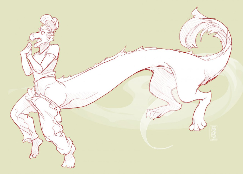 clothing dragon dragontaur eastern_dragon feet fydbac growth human_to_anthro incomplete_transformation long_body male multi_leg multi_limb paws sketch slinkydragon_(colorist) snout solo surprise surprise_transformation taur transformation