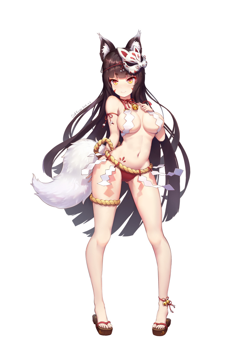 absurdres animal_ears anklet arm_ribbon artist_name ass_visible_through_thighs bangs bell bell_choker black_hair blunt_bangs blush breasts catxuan choker closed_mouth contrapposto dated eyebrows_visible_through_hair facial_mark fox_ears fox_girl fox_tail full_body geta hand_on_own_chest highres jewelry jingle_bell large_breasts long_hair looking_at_viewer mask mask_on_head navel neck_ribbon nose_blush original panties pigeon-toed red_panties red_ribbon revealing_clothes ribbon ribbon_choker rope shide shimenawa short_eyebrows solo standing tail tattoo thigh_strap transparent_background underwear very_long_hair