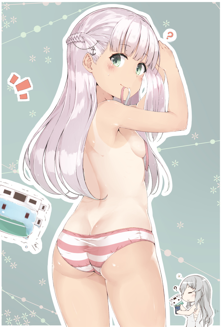 absurdres adjusting_hair anchor_hair_ornament anchor_necklace ass back bangs blush breasts chain closed_eyes closed_mouth commentary_request covered_nipples drink eyebrows_visible_through_hair green_eyes grey_hair hair_between_eyes hair_ornament highres kantai_collection long_hair looking_at_viewer looking_back machinery maestrale_(kantai_collection) md5_mismatch mouth_hold multiple_girls one-piece_tan one_side_up panties pola_(kantai_collection) ribbon sideboob silver_hair skindentation small_breasts smile solo_focus standing striped striped_panties sweat tan tanline thighs topless underwear underwear_only wavy_hair white_ribbon yui_(seiga)