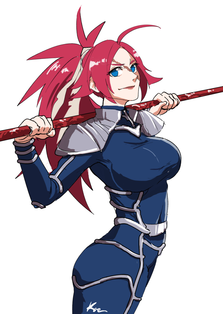 ahoge blue_eyes bodysuit breasts cosplay costume_switch fate/extra fate/stay_night fate_(series) francis_drake_(fate) gae_bolg highres kaetsai lancer lancer_(cosplay) large_breasts long_hair pink_hair ponytail scar signature smile solo