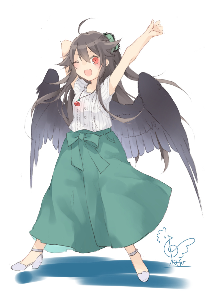 ;d ahoge alternate_costume arms_up bangs black_hair black_wings blush bow casual commentary_request contemporary eyebrows_visible_through_hair feathered_wings full_body green_bow green_skirt hair_between_eyes hair_bow high_heels highres jewelry lace-trimmed_bow lace_trim long_skirt looking_at_viewer no_nose one_eye_closed open_mouth pendant red_eyes reiuji_utsuho shirt short_sleeves signature simple_background skirt smile solo standing touhou toutenkou white_background white_footwear white_shirt wings