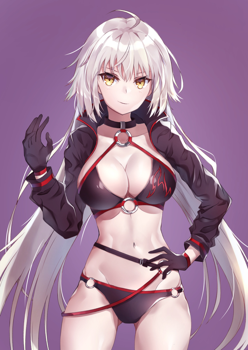 absurdres ahoge atora bangs belt bikini black_bikini black_choker black_gloves black_jacket blush breasts choker closed_mouth collarbone commentary_request cropped_jacket fate/grand_order fate_(series) gloves hand_on_hip highres hips jacket jeanne_d'arc_(alter_swimsuit_berserker) jeanne_d'arc_(fate)_(all) large_breasts long_hair looking_at_viewer navel o-ring o-ring_bikini pale_skin purple_background silver_hair simple_background smile solo swimsuit thighs very_long_hair yellow_eyes