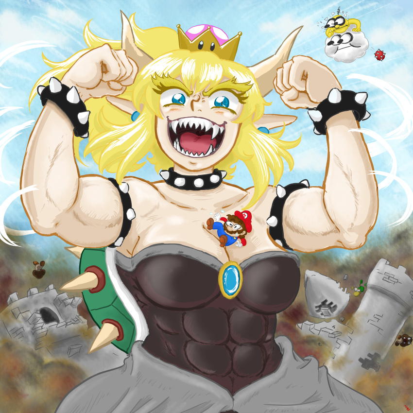 2boys :| abs absurdres aqua_eyes bangs bare_shoulders between_breasts blonde_hair blue_sky blush bowsette bracelet breasts broken_eyewear brooch brown_hair cabbie_hat castle cleavage clenched_hands closed_mouth cloud collar commentary crown day destruction english_commentary excited facial_hair floating_hair flying_sweatdrops giantess gloves goomba hair_between_eyes hands_up hat highres horns jewelry koopa_troopa long_ponytail long_sleeves looking_at_viewer mario mario_(series) medium_breasts motion_lines multiple_boys muscle muscular_female mustache new_super_mario_bros._u_deluxe open_mouth overalls person_between_breasts pointy_ears red_hat red_shirt reflective_eyes sharp_teeth shiny shiny_hair shiny_skin shirt sidelocks sky slit_pupils solo_focus spiked_bracelet spiked_collar spiked_shell spikes super_crown t1g teeth thick_eyebrows tongue upper_body waist_cape white_gloves wind