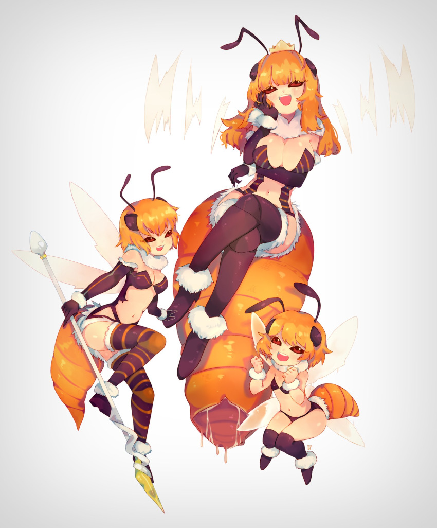3girls bee_girl benzbt breast_hold breasts cleavage crown female flat_chest flying insect_girl large_breasts legs_crossed long_hair medium_breasts milia_wars monster_girl multiple_girls navel no_pupils open_mouth orange_hair polearm red_eyes short_hair simple_background smile spear thighhighs weapon white_background wings