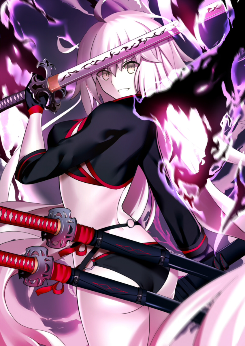 ahoge ass back bangs belt bikini black_bikini black_fire black_gloves black_jacket breasts commentary_request cropped_jacket dragon fate/grand_order fate_(series) fire gloves grin hair_between_eyes highres hips jacket jeanne_d'arc_(alter_swimsuit_berserker) jeanne_d'arc_(fate)_(all) katana large_breasts long_hair looking_at_viewer looking_back o-ring pale_skin paperfinger sheath silver_hair smile swimsuit sword thighs very_long_hair weapon yellow_eyes