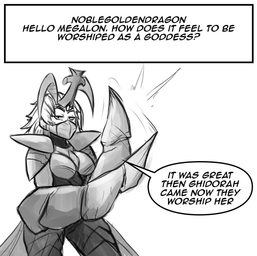 arthropod beetle breasts clothed clothing crossgender dialogue female godzilla_(series) horn humanoid inkershike insect kaiju kaiju_girls_(webcomic) megalon toho