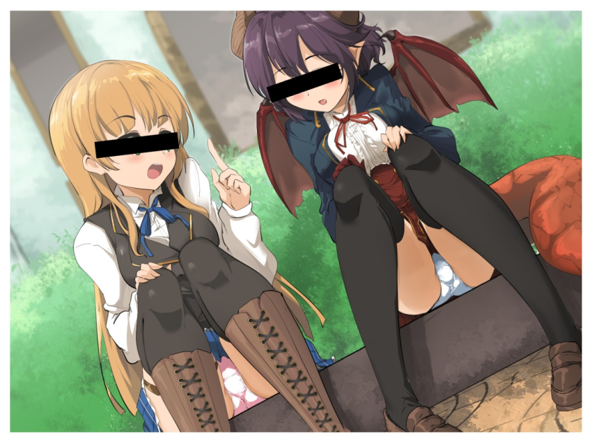 :d anne_(shingeki_no_bahamut) bar_censor black_legwear black_vest blonde_hair blue_jacket blue_ribbon blue_skirt blurry blurry_background blush boots brown_footwear brown_wings censored center_frills collared_shirt commentary_request cross-laced_footwear depth_of_field dragon_girl dragon_horns dragon_tail dragon_wings dress_shirt dutch_angle frills granblue_fantasy grea_(shingeki_no_bahamut) green_eyes hand_on_own_knee hand_up high-waist_skirt horns identity_censor index_finger_raised jacket jewelry lace-up_boots loafers long_hair long_sleeves momio multiple_girls neck_ring open_mouth panties pink_panties pleated_skirt pointy_ears purple_hair red_skirt ribbon round_teeth shadowverse shingeki_no_bahamut shirt shoes sitting skirt smile tail teeth thighhighs underwear upper_teeth very_long_hair vest white_panties white_shirt wings