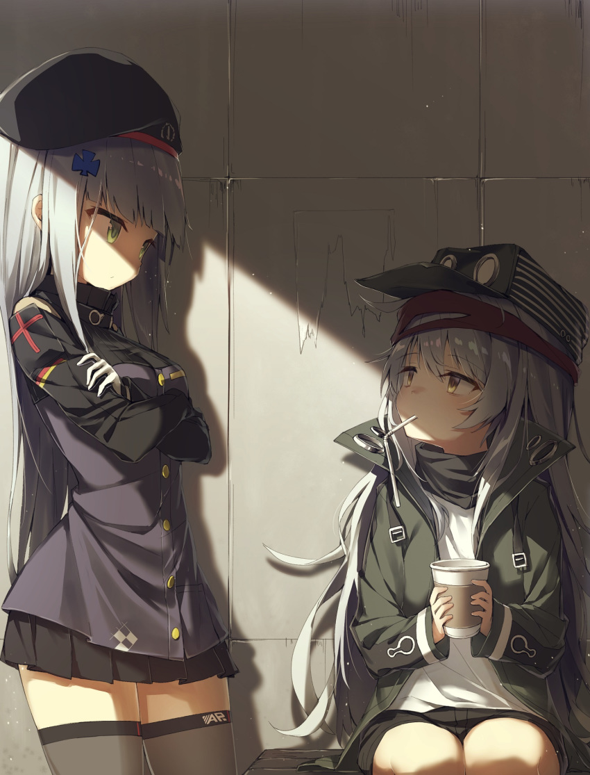 bangs bendy_straw beret black_hat black_shorts black_skirt breasts brown_eyes commentary_request crossed_arms cup darnell disposable_cup drinking_straw eye_contact eyebrows_visible_through_hair formal g11_(girls_frontline) girls_frontline gloves green_eyes green_hat green_jacket grey_legwear hair_between_eyes hat highres hk416_(girls_frontline) jacket korean_commentary long_hair long_sleeves looking_at_another looking_to_the_side medium_breasts mouth_hold multiple_girls peaked_cap pleated_skirt purple_jacket short_shorts shorts silver_hair sitting skirt sleeves_past_wrists standing suit thighhighs very_long_hair white_gloves white_suit