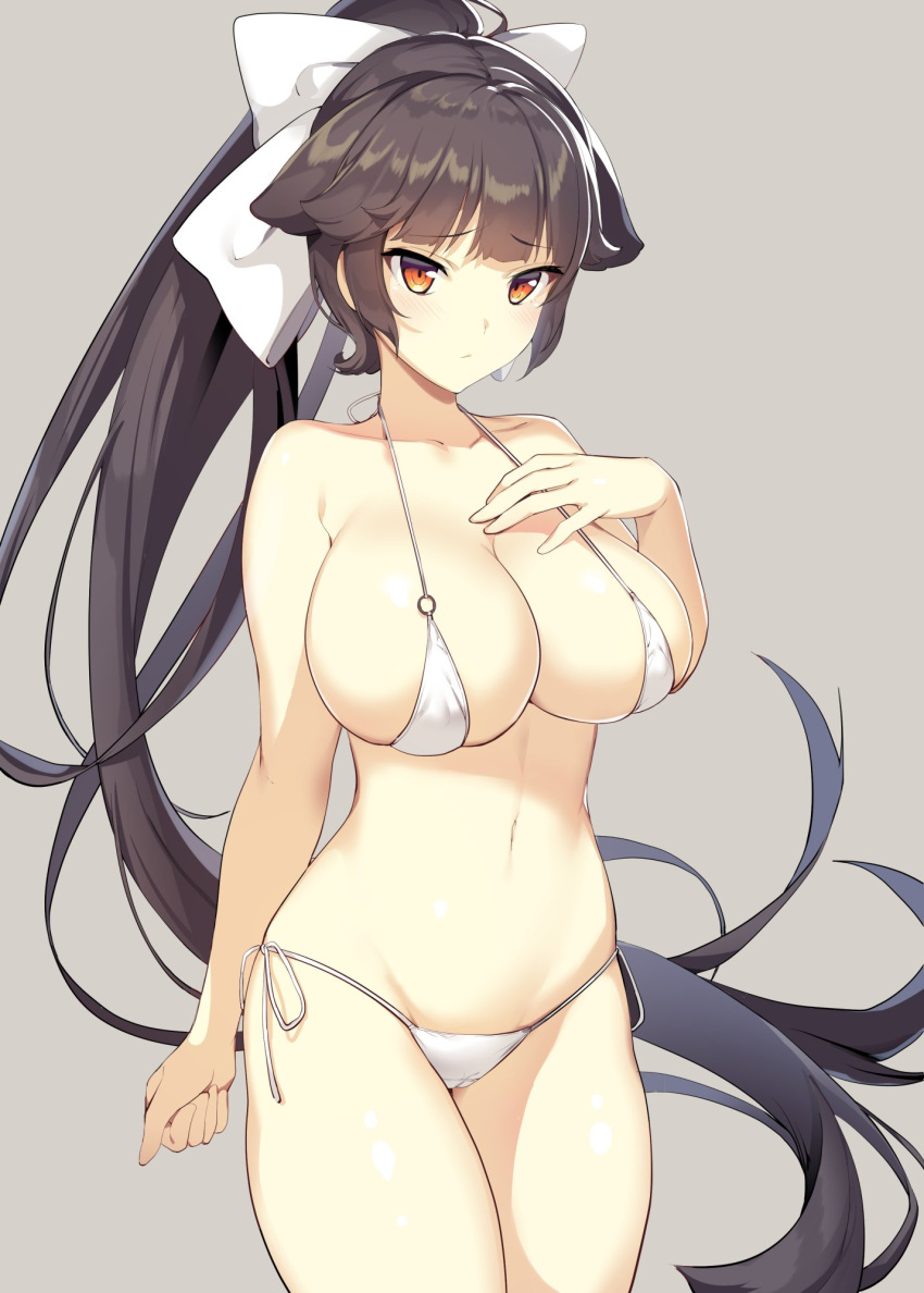 azur_lane bikini black_hair bow breasts cameltoe cleavage commentary_request covered_nipples cowboy_shot eyebrows_visible_through_hair grey_background hair_bow hair_flaps halterneck hand_on_own_chest highres ikomochi large_breasts long_hair o-ring o-ring_bikini o-ring_top orange_eyes ponytail side-tie_bikini simple_background solo string_bikini swimsuit takao_(azur_lane) very_long_hair white_bikini
