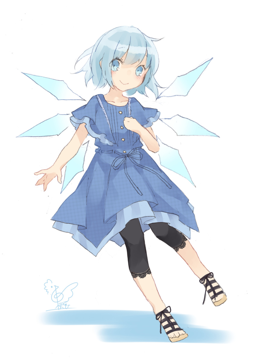 :&gt; alternate_costume bangs black_pants blue_dress blue_eyes blue_hair blush capri_pants casual cirno collarbone commentary_request contemporary cross-laced_footwear dress eyebrows_visible_through_hair full_body hand_on_own_chest highres ice ice_wings lace_trim looking_at_viewer no_hair_bow no_nose pants petticoat sandals shadow shoes short_hair short_sleeves signature simple_background smile solo touhou toutenkou white_background wide_sleeves wings