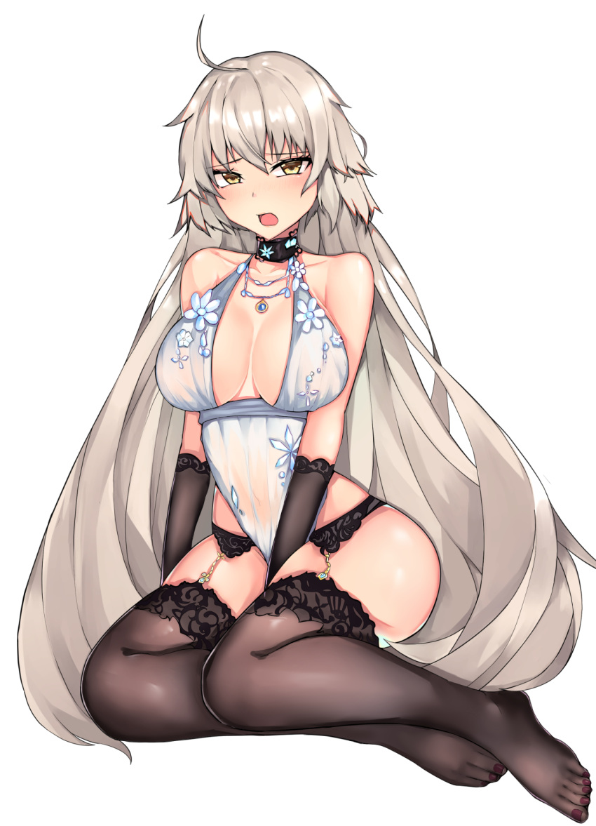 1girl ahoge bare_shoulders black_legwear blush eyebrows_visible_through_hair fate/grand_order fate_(series) feet hair_between_eyes halterneck highres jeanne_d'arc_(alter)_(fate) jeanne_d'arc_(fate)_(all) jewelry long_hair looking_at_viewer mutsu_ane_daisuki necklace no_shoes open_mouth royal_icing simple_background solo toes white_background