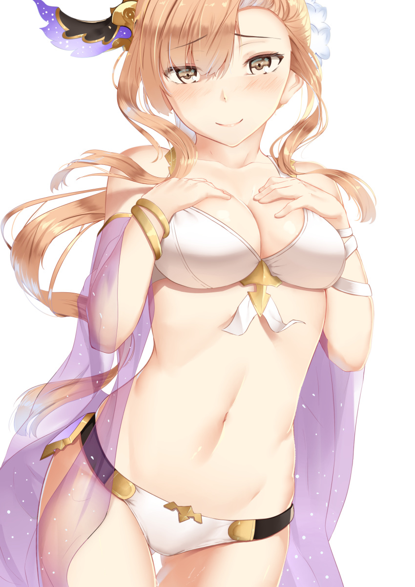 absurdres armband ass_visible_through_thighs bad_id bad_pixiv_id bangs bare_shoulders bikini blush breasts brown_eyes brown_hair cape cleavage closed_mouth collarbone commentary eyebrows_visible_through_hair flower granblue_fantasy groin hair_between_eyes hair_ornament hand_on_own_chest head_wings highres jewelry large_breasts long_hair looking_at_viewer mengo navel simple_background skindentation smile solo song_(granblue_fantasy) standing swimsuit thighs white_background