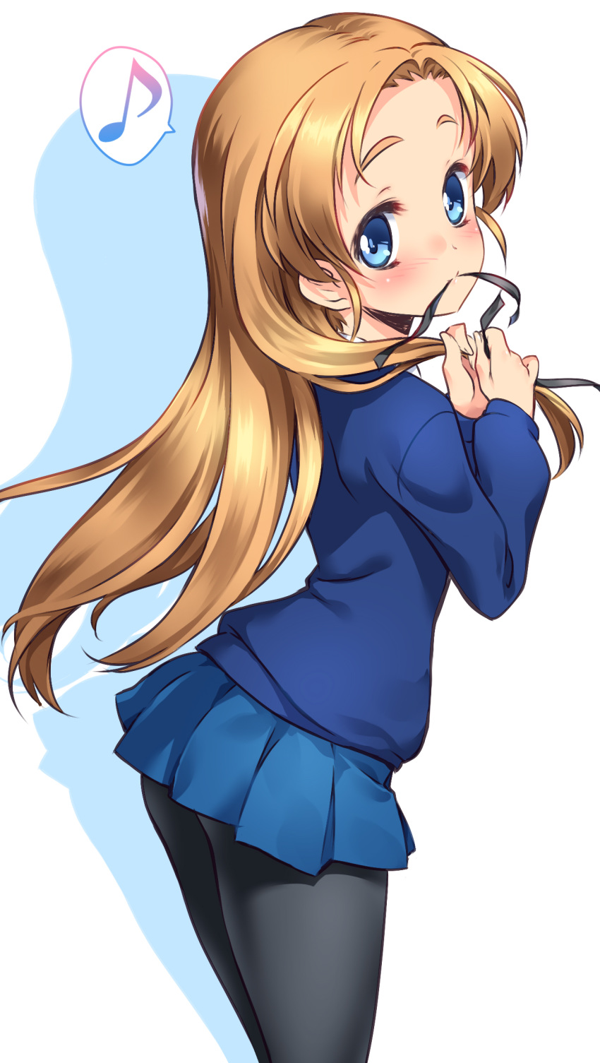 alternate_hairstyle ass black_legwear blue_eyes blue_skirt blue_sweater blush closed_mouth commentary_request cowboy_shot eighth_note forehead from_side girls_und_panzer hair_down highres kuzuryuu_kennosuke long_hair long_sleeves looking_at_viewer looking_to_the_side miniskirt mouth_hold musical_note orange_hair orange_pekoe pantyhose pleated_skirt ribbon ribbon_in_mouth shadow skirt smile solo spoken_musical_note sweater tareme tying_hair white_background