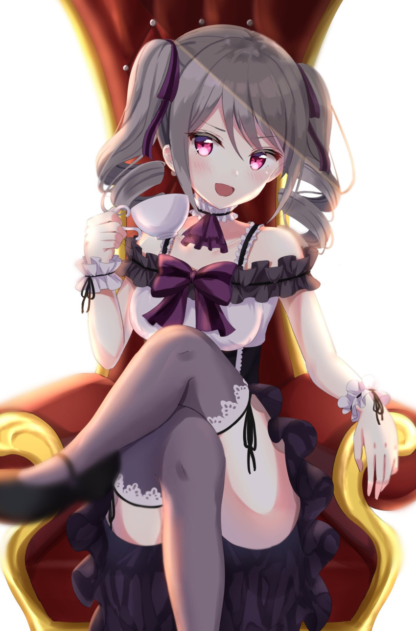 :d blush chair commentary crossed_legs cup detached_collar dress drill_hair frilled_dress frilled_straps frills grey_hair grey_legwear hair_ribbon high_heels highres holding holding_cup idolmaster idolmaster_cinderella_girls idolmaster_cinderella_girls_starlight_stage kanzaki_ranko kichi_(kichifav) looking_at_viewer medium_hair open_mouth purple_dress purple_eyes purple_ribbon ribbon sitting sleeveless sleeveless_dress smile solo teacup thighhighs twin_drills wrist_cuffs